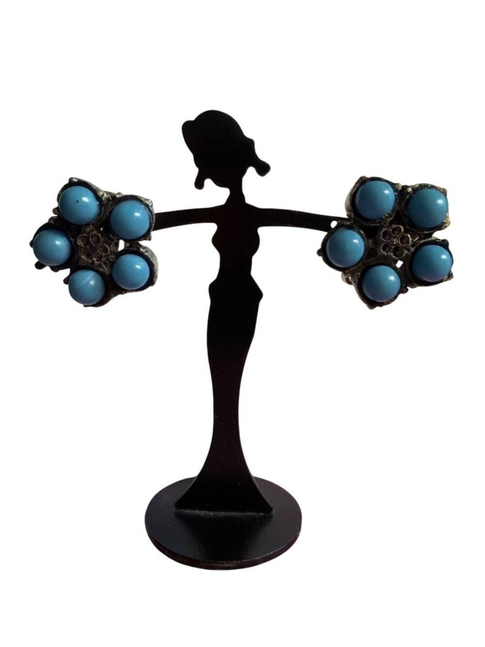Vintage Faux Turquoise Clip On Cluster Earrings Silver Tone Flower Estate .75"